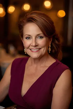 Woman with auburn hair and gold earrings in a restaurant