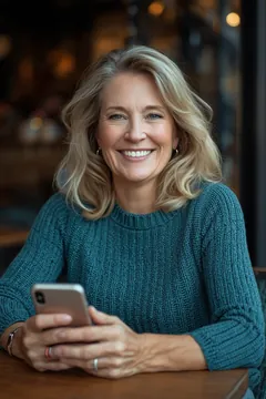 Cheerful blonde woman in a teal sweater at a café