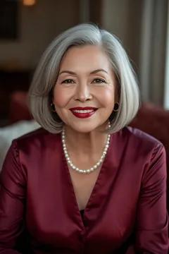 Smiling woman with silver hair and a pearl necklace